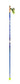 A single ski touring pole shown vertically against a plain white background. The pole shaft is predominantly blue with white and dark graphics, featuring a tan cork grip, a black and neon yellow handgrip, and a matching neon yellow tip.