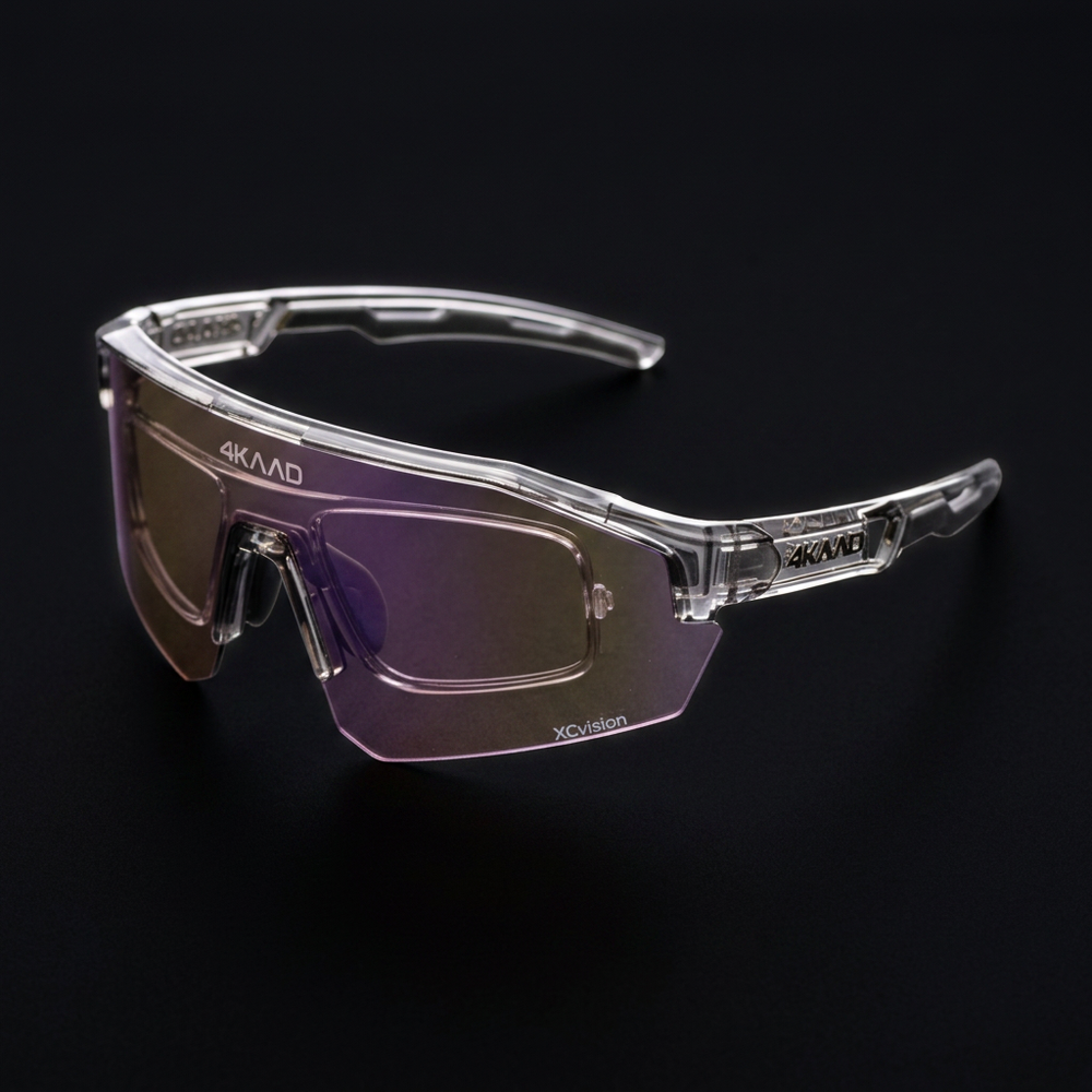 4KAAD MyOtic insert wrap-around shield sunglasses with a clear transparent frame and gradient purple-tinted lenses, displayed on a dark black background. special insert for prescription glasses