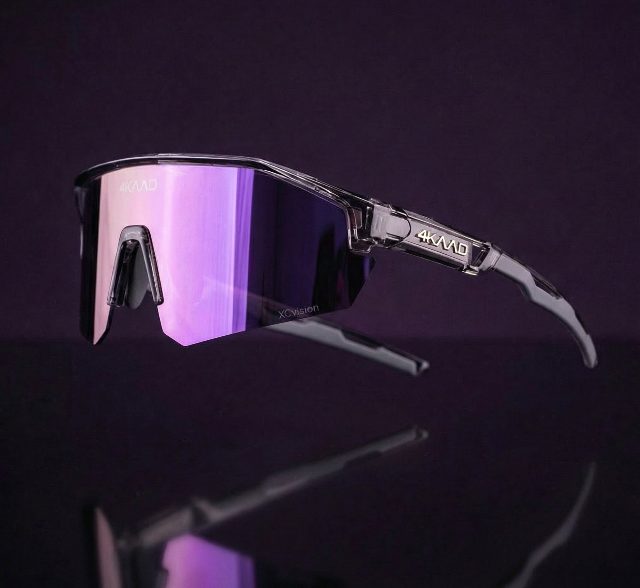 Sunglasses with purple lenses on a reflective surface against a dark background
