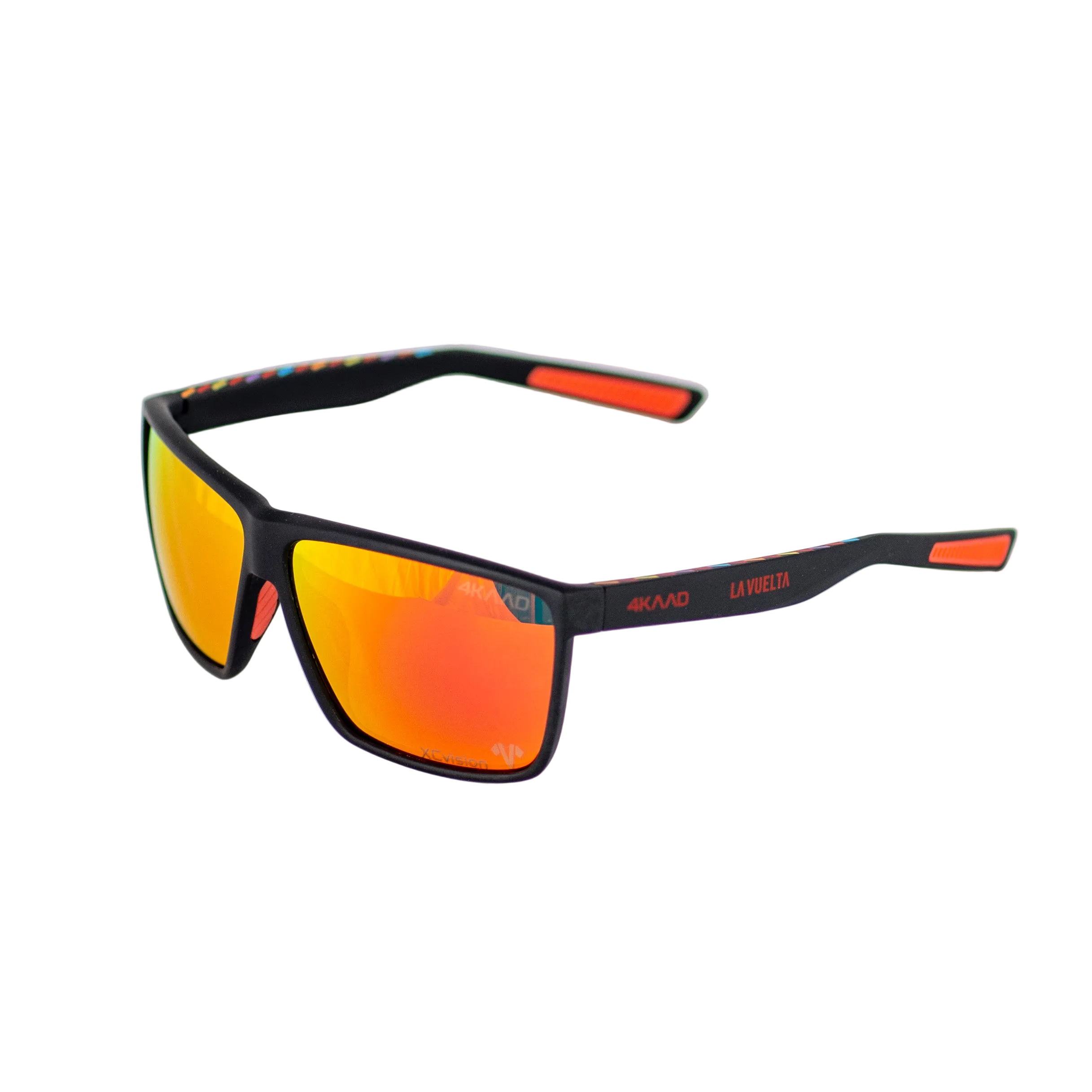 A pair of sport sunglasses with a matte black frame, vibrant orange and red mirrored lenses, and orange accents on the temples, shown on a plain white background.