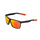 A pair of sport sunglasses with a matte black frame, vibrant orange and red mirrored lenses, and orange accents on the temples, shown on a plain white background.