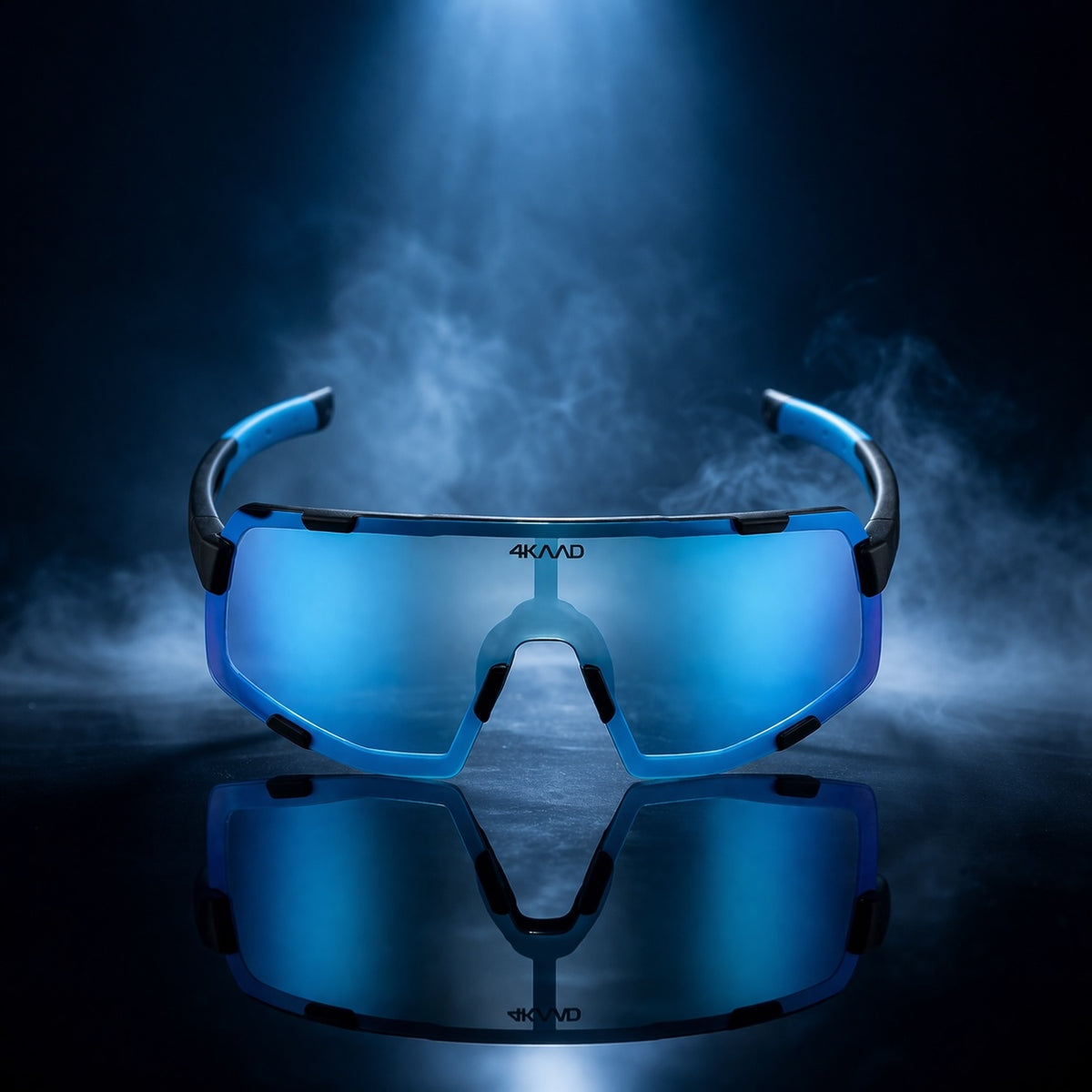 Blue sunglasses with reflective lenses on a dark background, 4kaad photochromic lenses 
