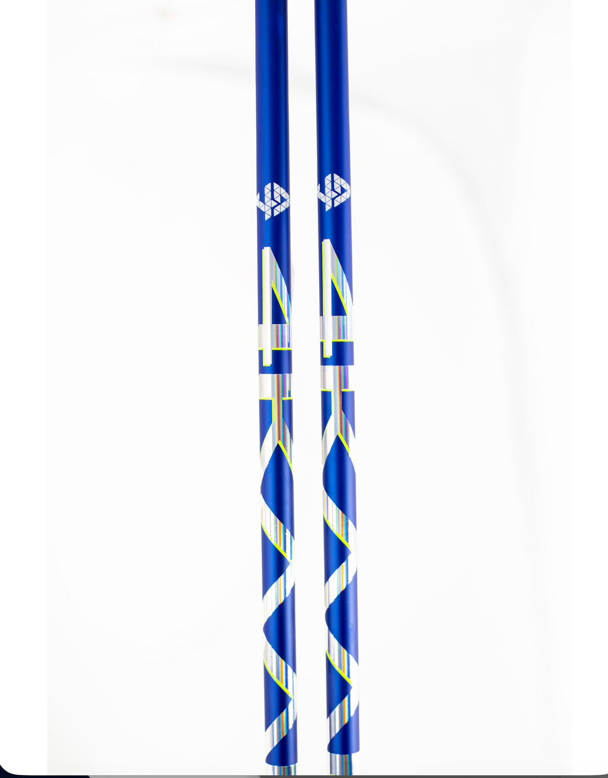 Two blue golf shafts with white and yellow graphic patterns, shown vertically against a plain white background.