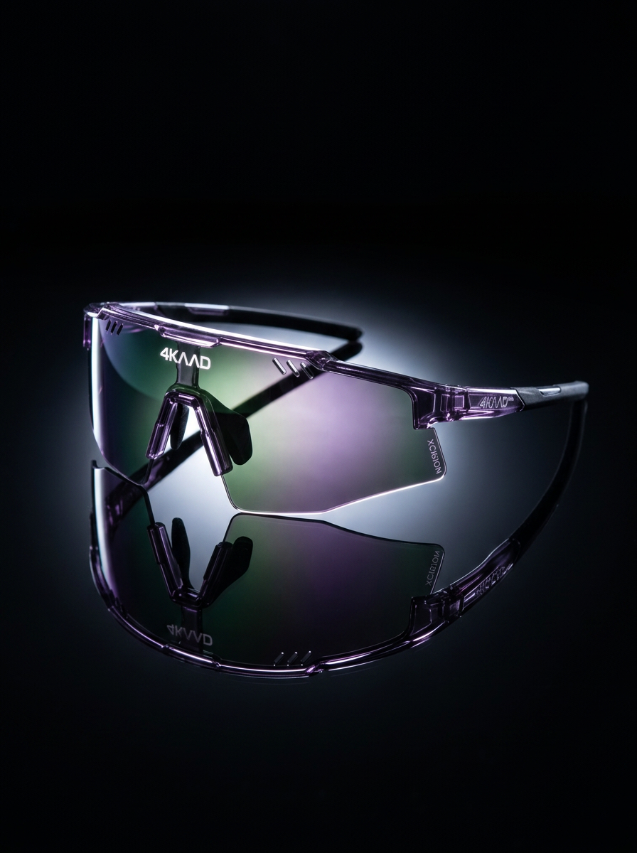 4kaad sports glasses with a translucent dark purple frame and mirrored lenses showing green, purple, and silver reflections, set against a dark background with dramatic lighting.