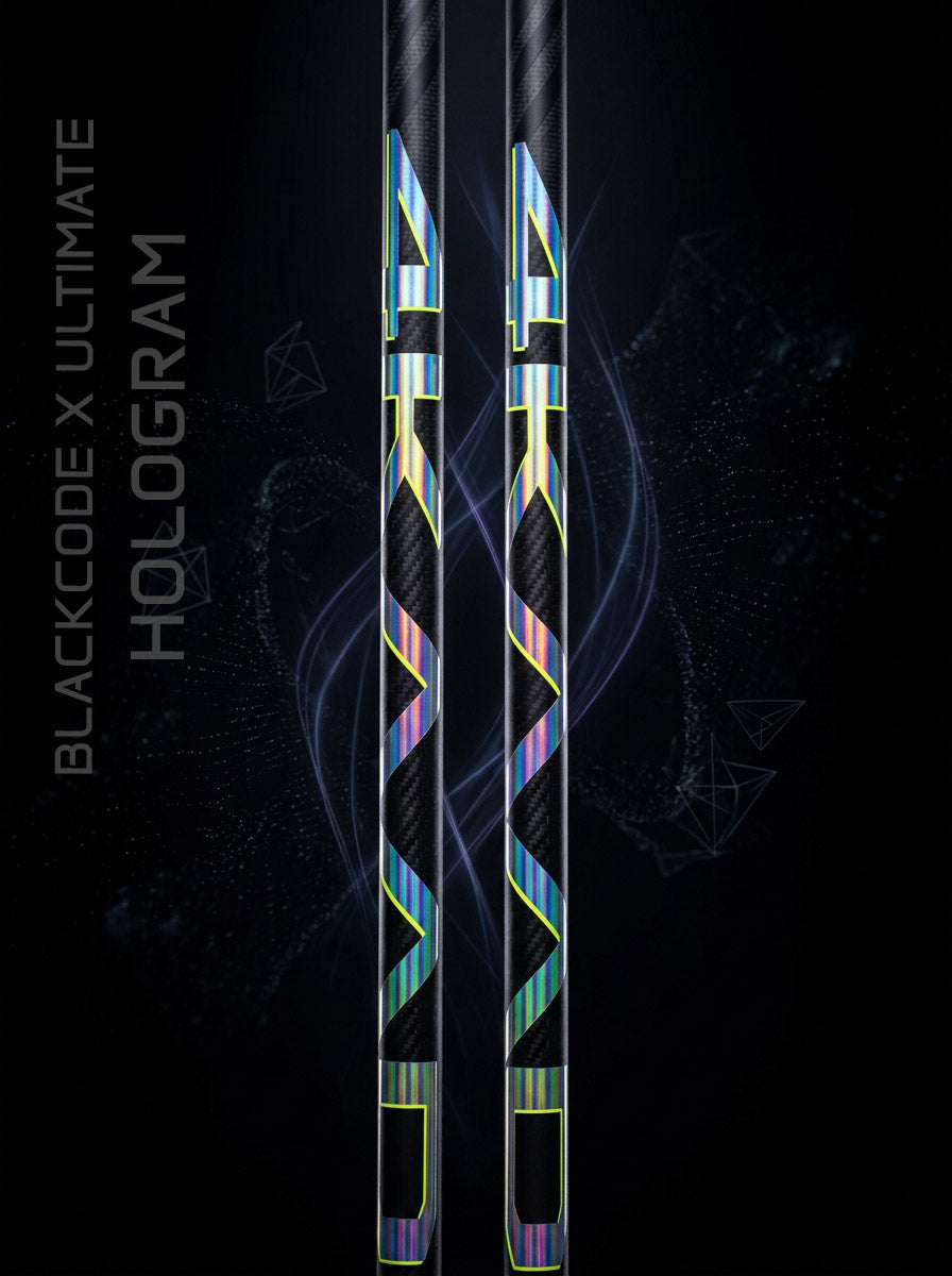 ultra lightcarbon ski poles shown vertically on a dark background, featuring holographic geometric patterns in blue, green, purple, and yellow. The text 'BLACKCODE X ULTIMATE HOLOGRAM' appears along the left side.