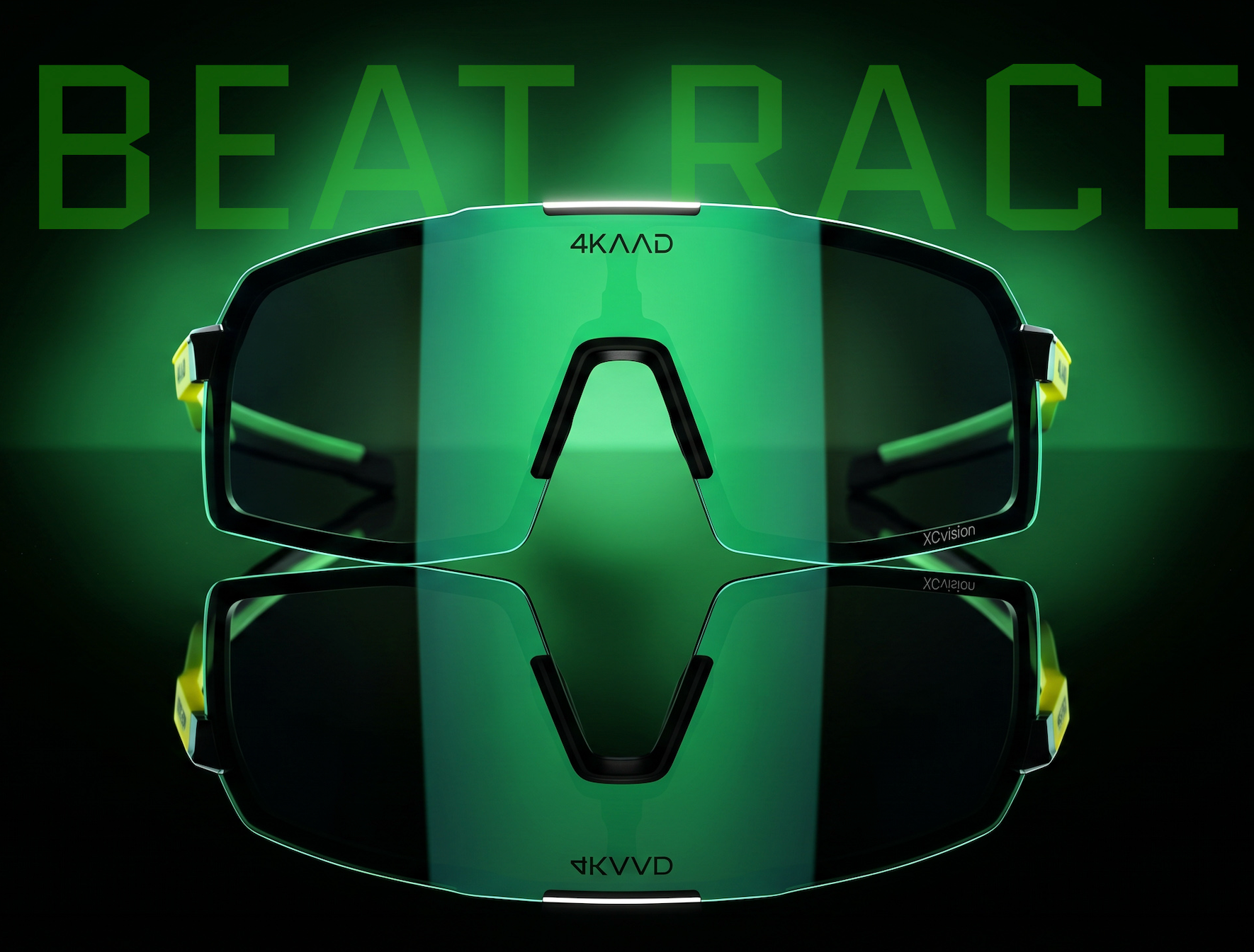 Green reflective sport glasses for cycling with 4KAAD branding with mirrror lens with UV400 protection