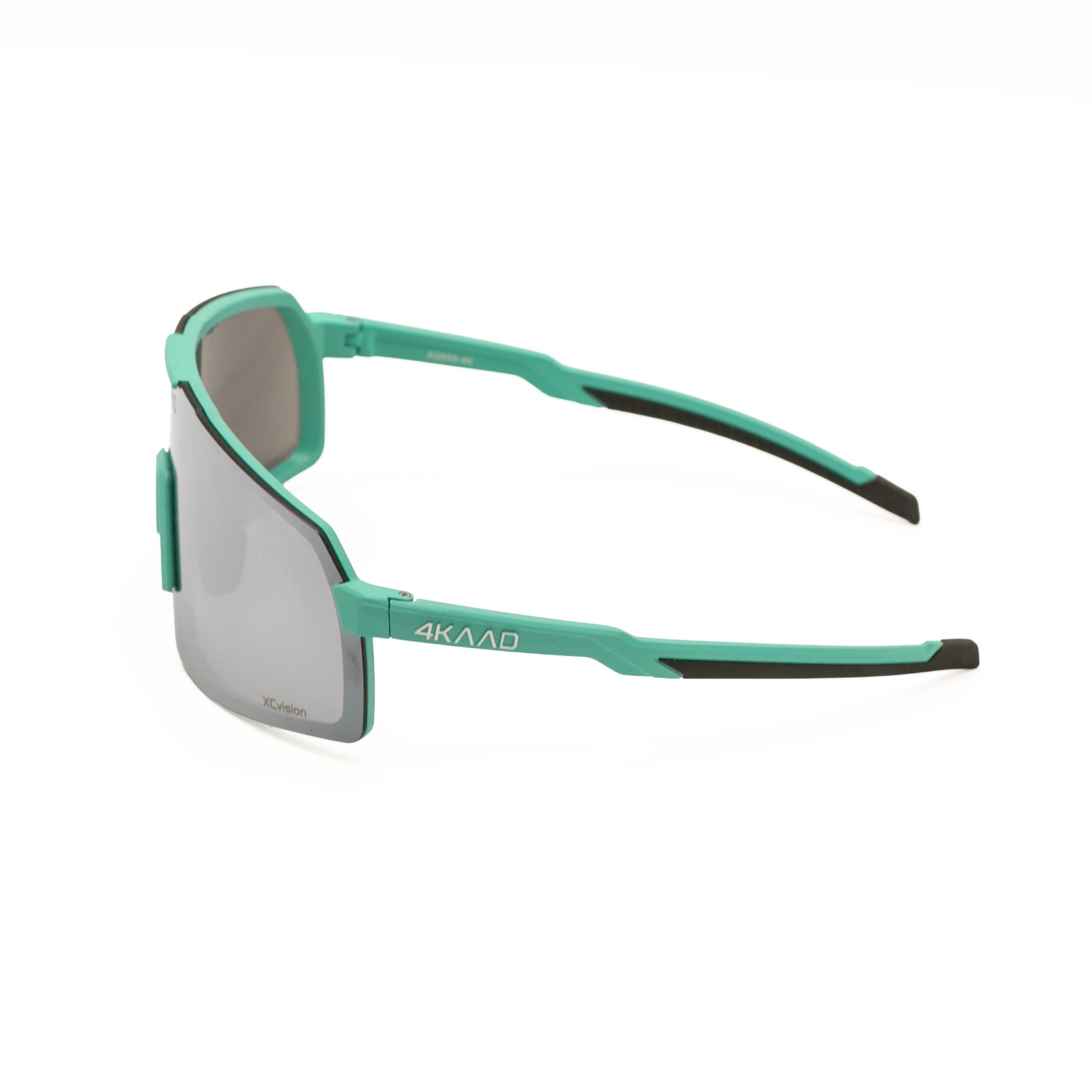A pair of sport sunglasses with a vibrant mint green frame, silver mirrored lenses, and black accents on the temples, shown on a clean white background.