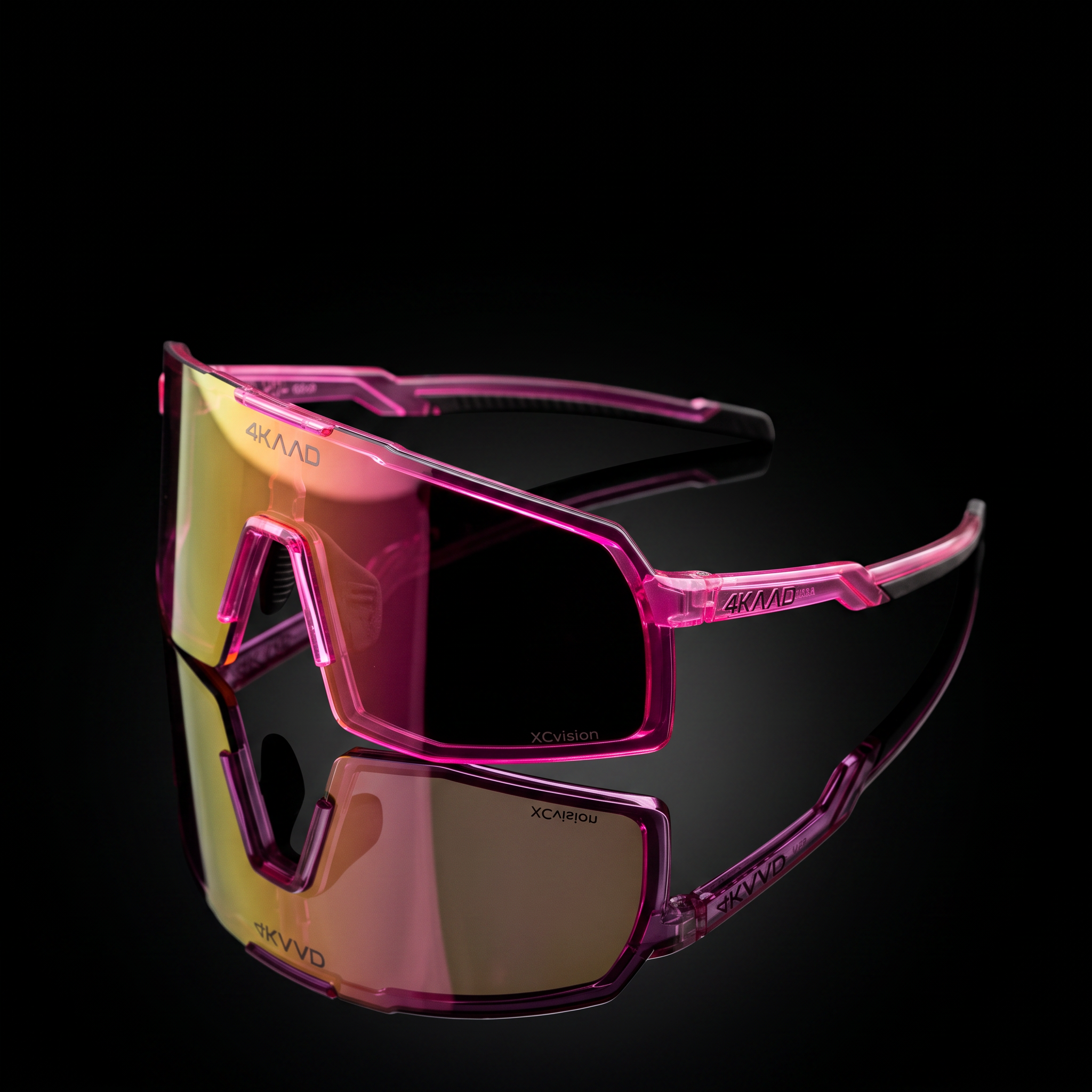 Pink translucent wraparound sunglasses with a mirrored gold-to-pink lens, shown on a black reflective background. The brand name SKYWOD is visible on the frame.