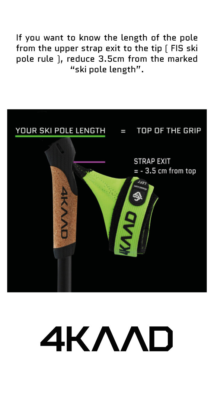 Instruction graphic for measuring ski pole length, showing a close-up of a 4KAAD ski pole grip with a bright green strap and black text explaining the measurement rule.