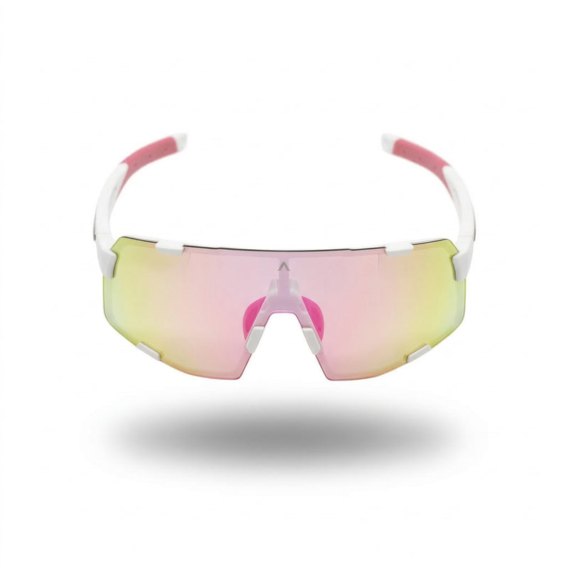 Sunglasses with pink and yellow reflective lenses on a white background