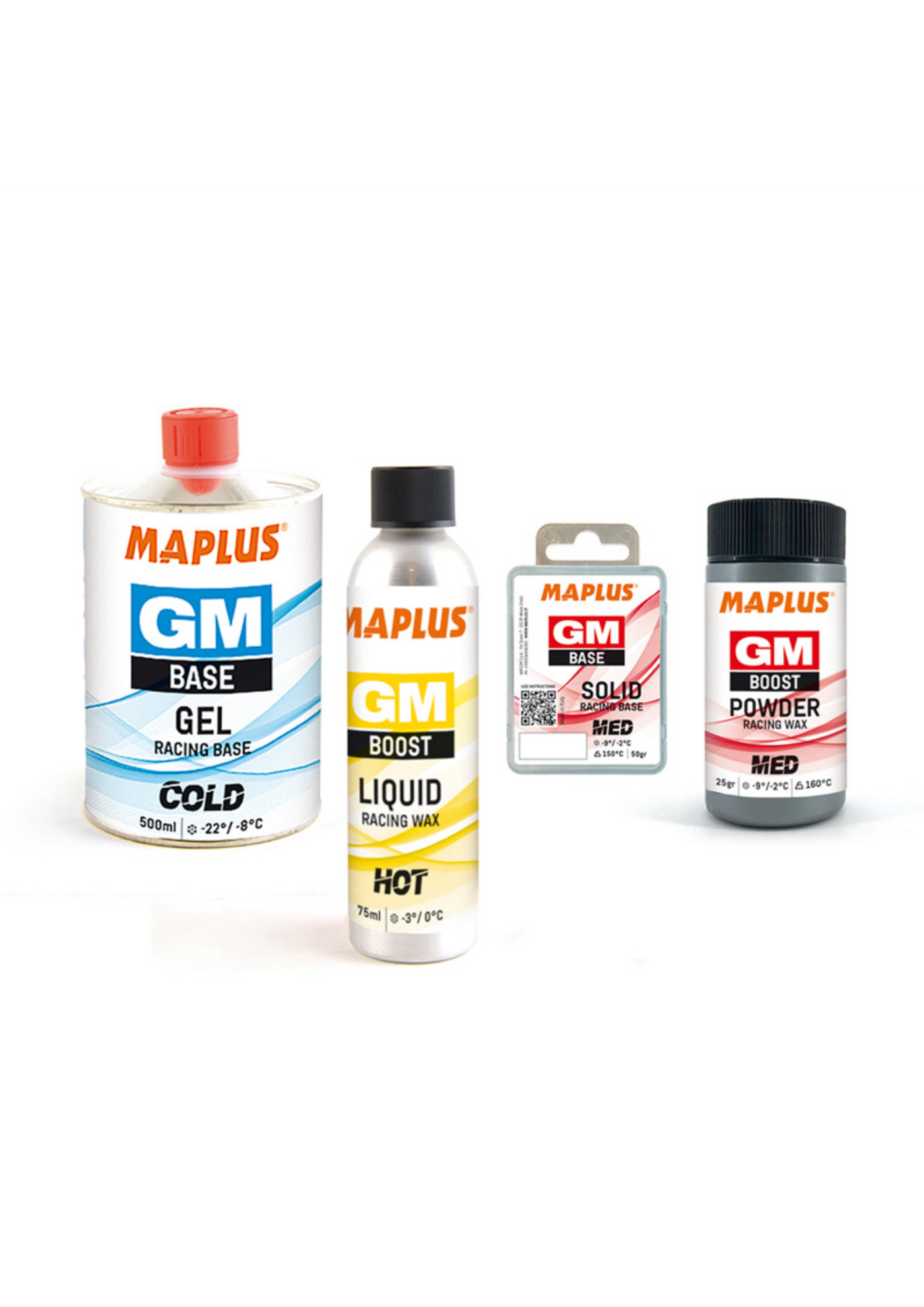 Four MAPLUS GM racing lubricant products arranged on a white background: a large can of GM Gel Cold, a bottle of GM Boost Liquid Hot, a small boxed GM Solid Med, and a jar of GM Powder Med.