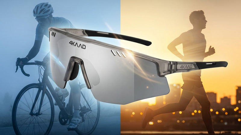 Sunglasses with 4KAAD branding over silhouettes of a cyclist and runner, with promotional text.
