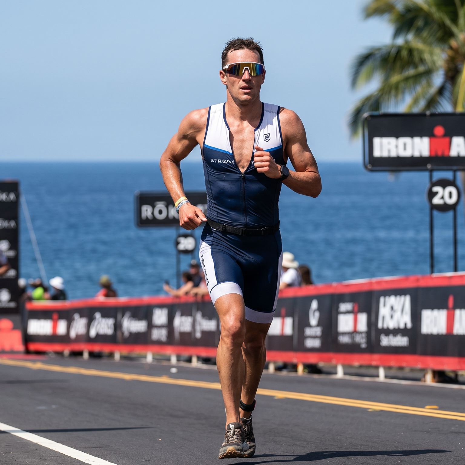 Athlete running in an Ironman event with palm trees and ocean in the background