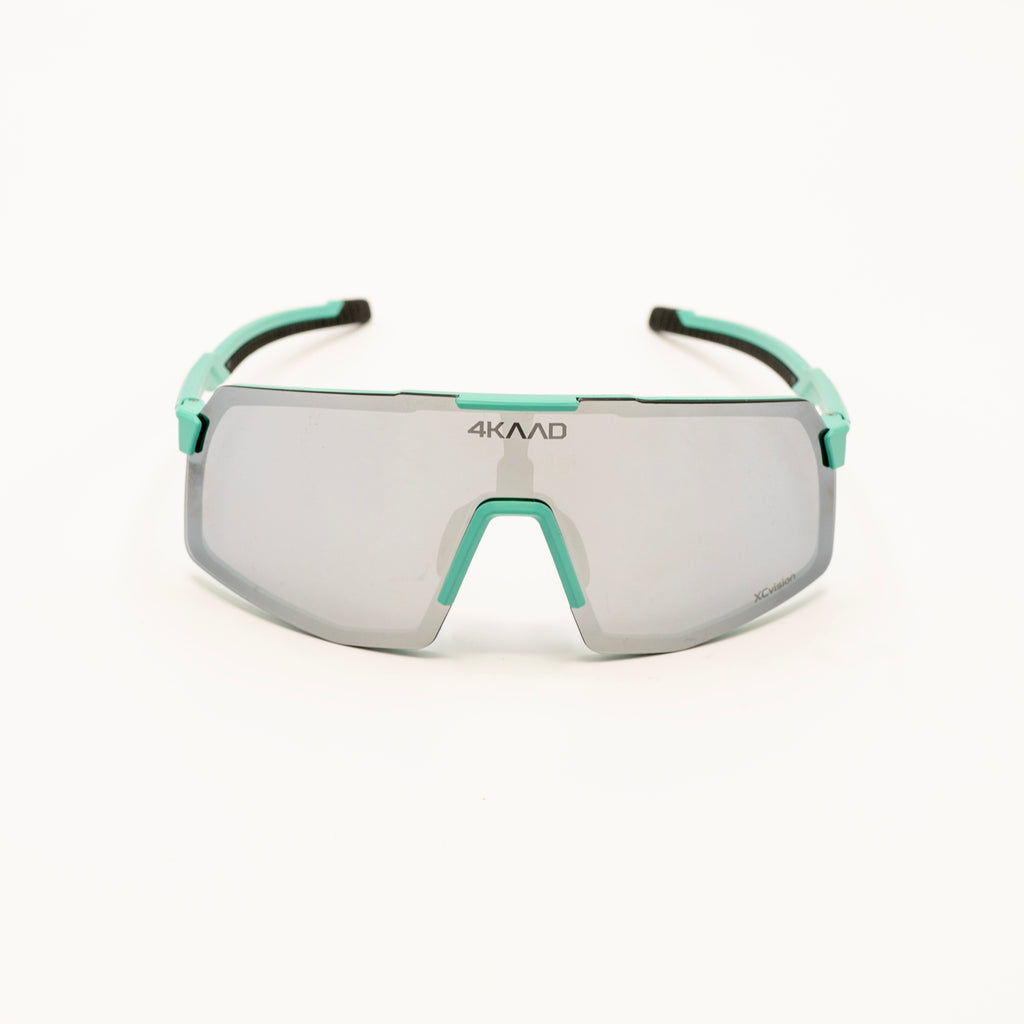 4KAAD shield-style sunglasses with a silver mirrored lens and mint green and black arms, shown on a clean white background.