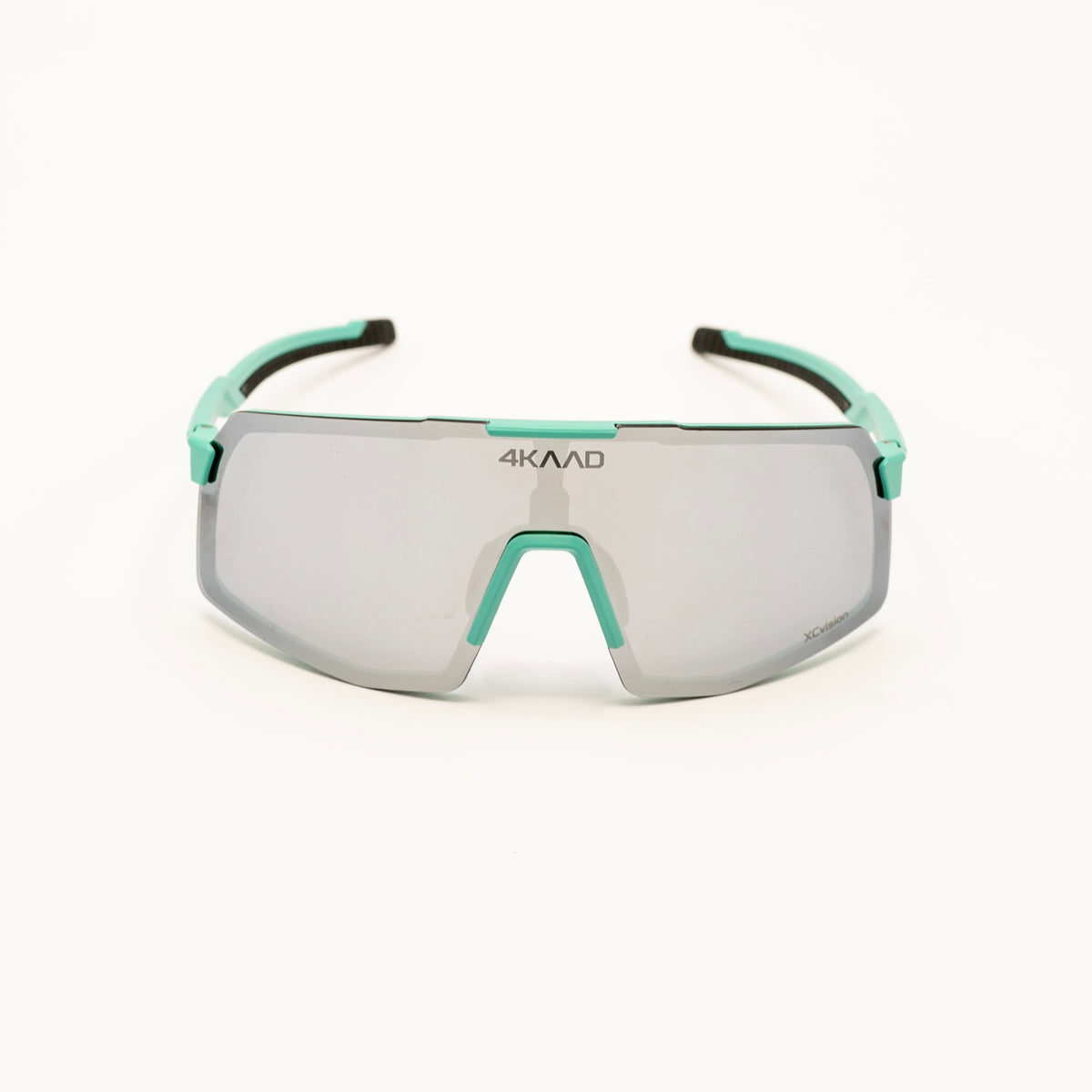 4KAAD shield-style sunglasses with a silver mirrored lens and mint green and black arms, shown on a clean white background.