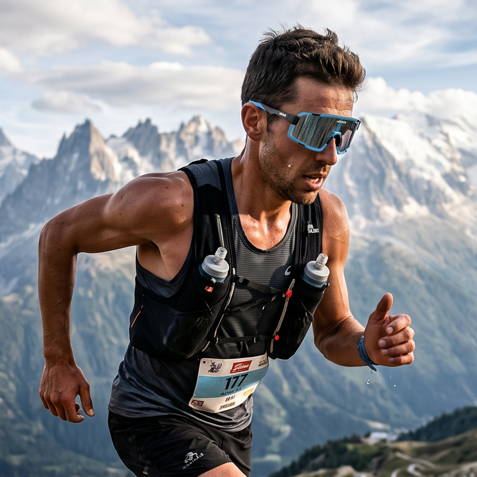 Man running on a mountain trail with mountains in the background