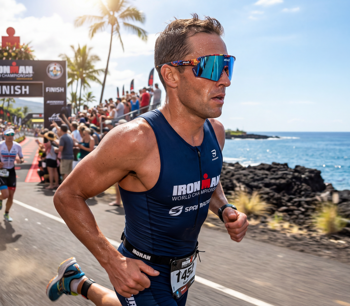 triathlete with running sports glasses with blue mirror lens